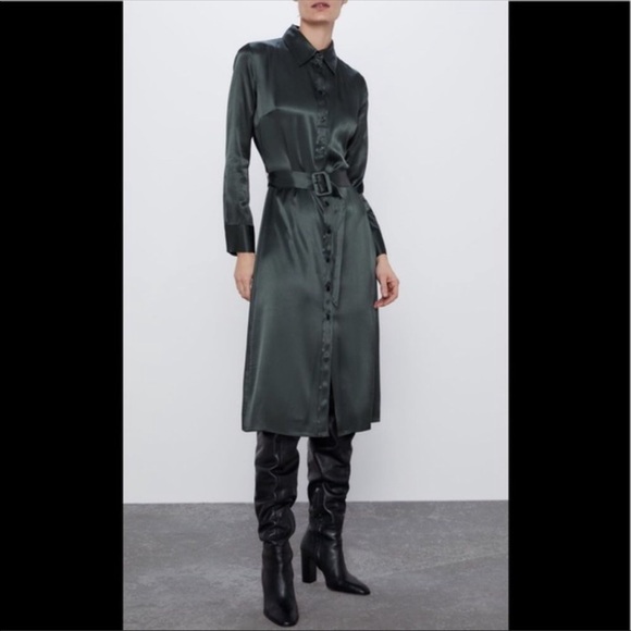 Zara green silk shirt dress Clearance